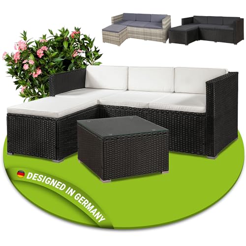 Juskys Polyrattan Lounge Punta Cana M für 3-4 Personen mit 3er Sofa, Sessel, Tisch & Kissen, Sitzgruppe für Garten, Terrasse und Balkon, Gartenmöbel Set wetterfest - schwarz/Creme